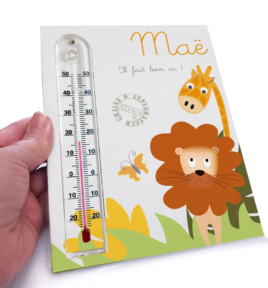 Cadre thermomètre prénom avec lion et girafe